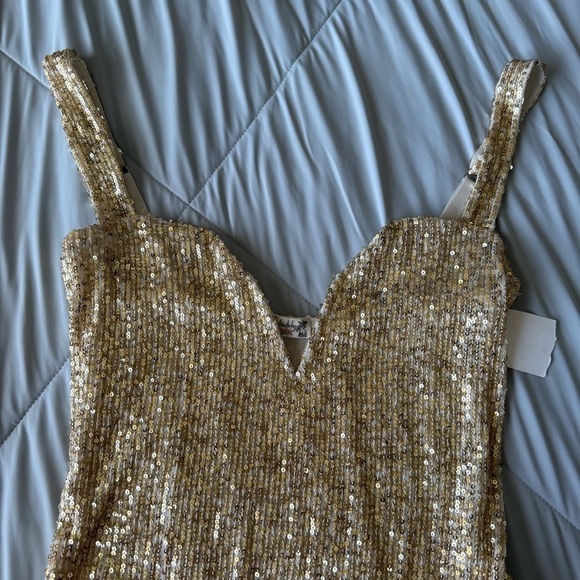 Free People Gold Sequin Bodysuit Tank V Neckline - Picture 2 of 11